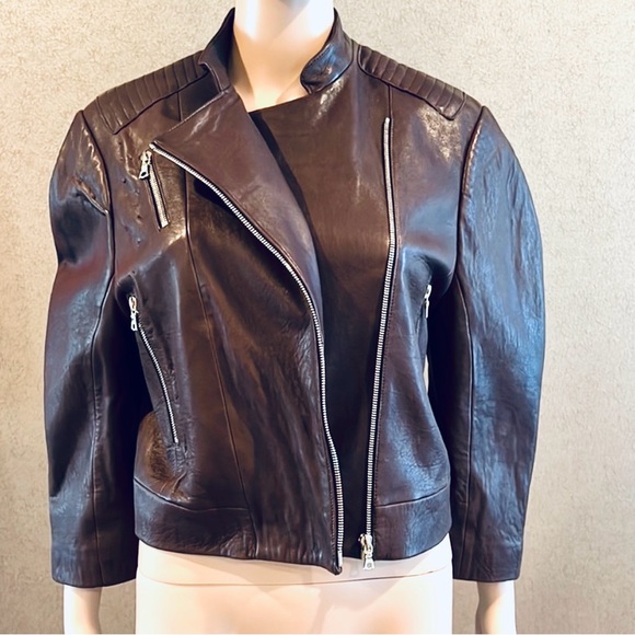 J Brand 3/4 Sleeve Moto Chocolate Brown Leather Jacket size S - Picture 10 of 12